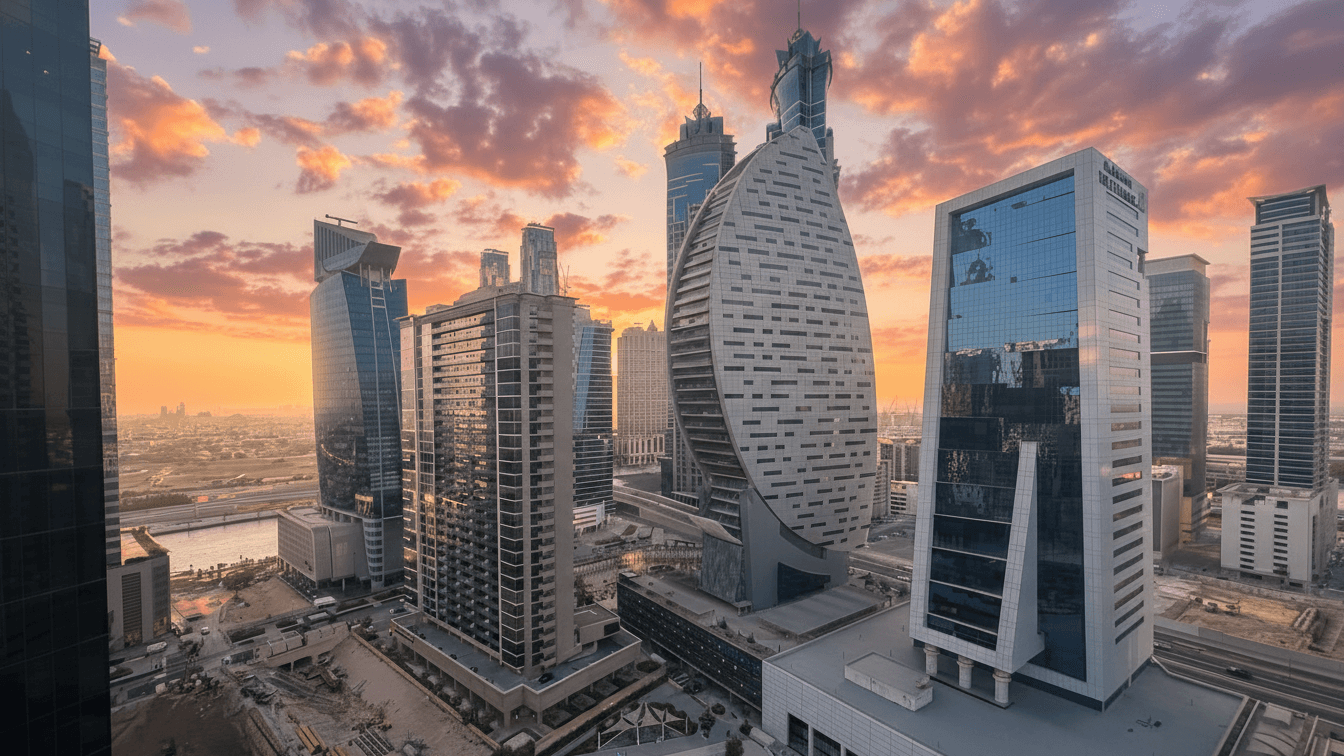 Business Bay towers along the Dubai Water Canal at dusk