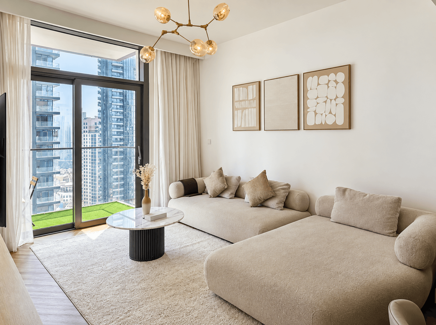 Downtown Dubai apartment interior with a Burj Khalifa view
