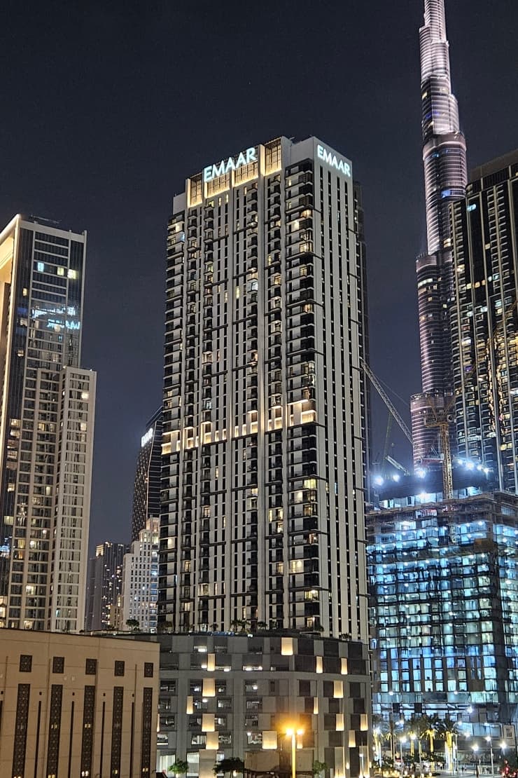 Downtown Dubai residential tower exterior beside the Burj Khalifa