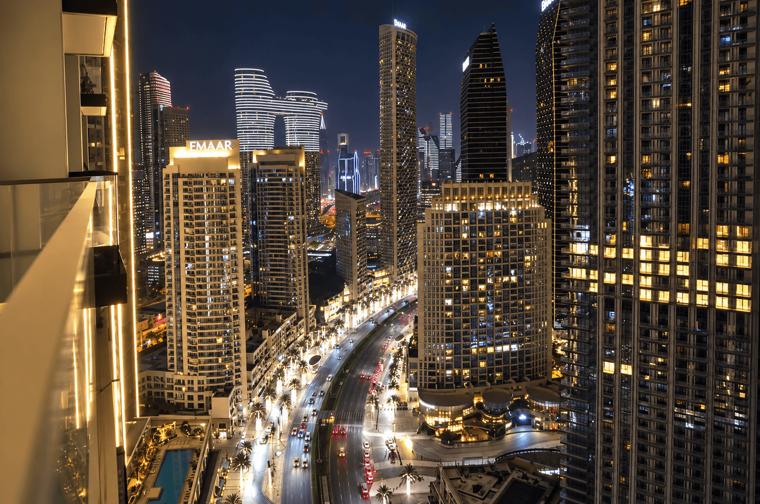 Downtown Dubai skyline with the Burj Khalifa at dusk